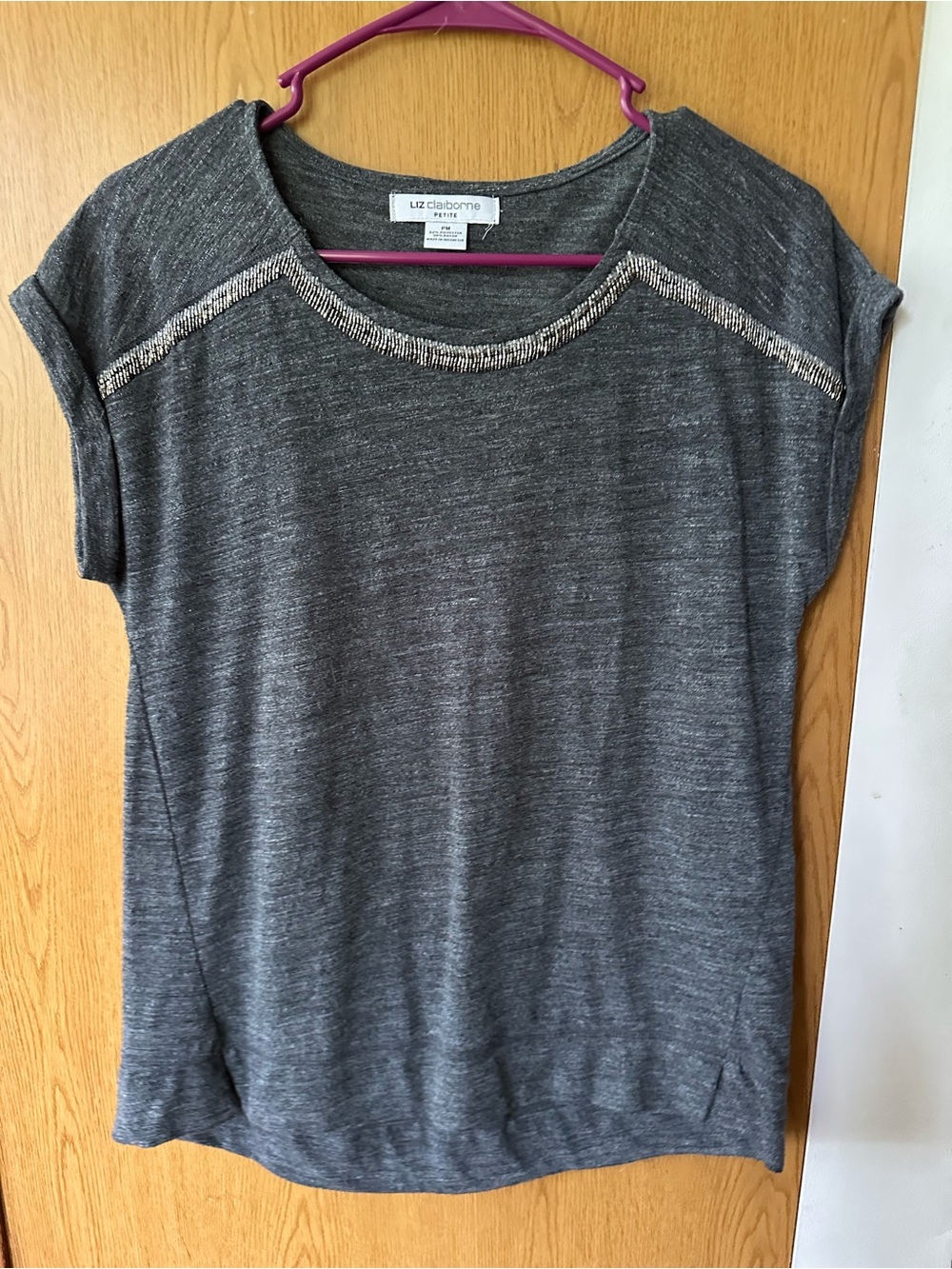 Liz Claiborne Charcoal Gray Short Sleeve Top with Metallic Trim